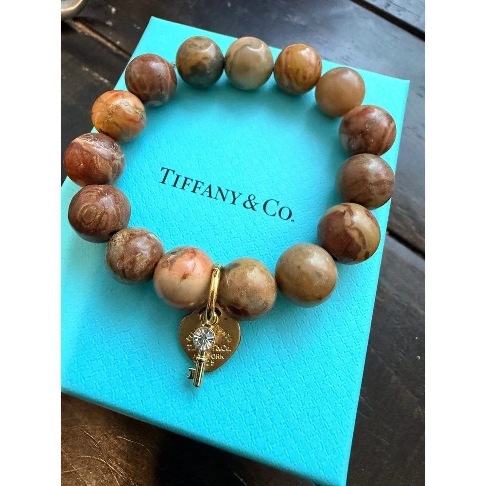 Jasper Stone Bead Stretch Bracelet Gold Heart Key Charm 925 Sterling‎